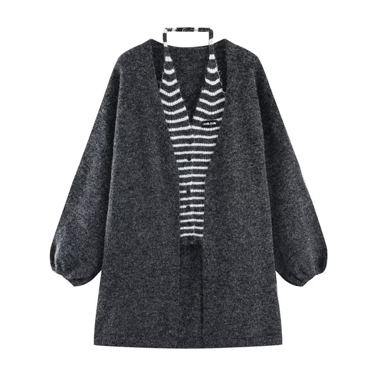 Damen Oversized Mohairoptik-Cardigan mit Ballonärmeln und gestreiftem Einsatz Shop Nory