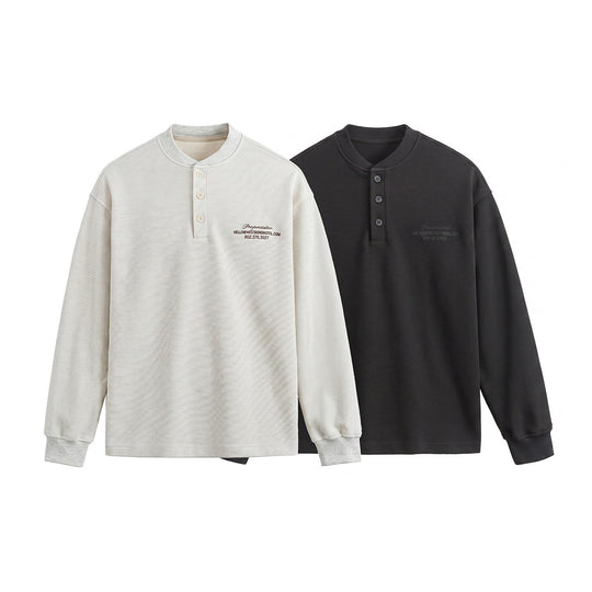 Unisex Weit geschnittenes Henley-Sweatshirt mit Waffelstruktur und Rippenbündchen Shop Nory