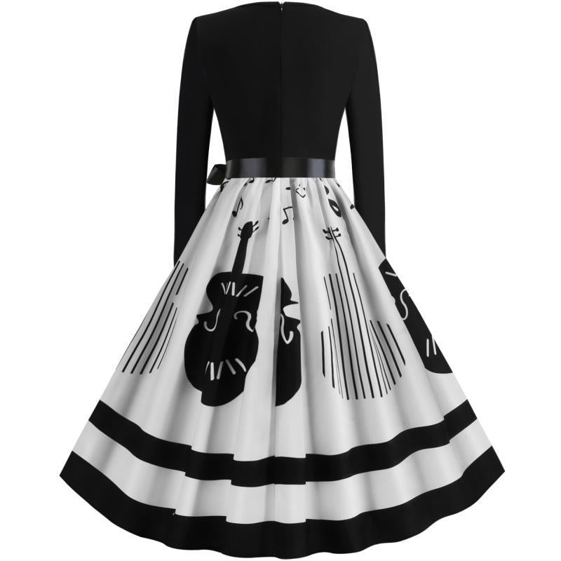 Damen Swing-Kleid im Retro-Stil mit instrumentalem Print, tailliertem Oberteil und voluminösem Tellerrock Shop Nory