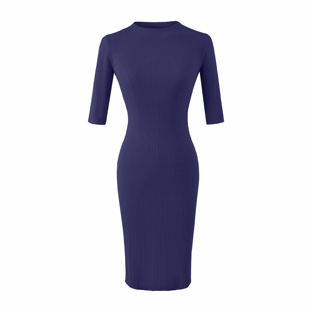 Damen Tailliertes geripptes Midikleid mit Halbarm und Stehkragen Shop Nory