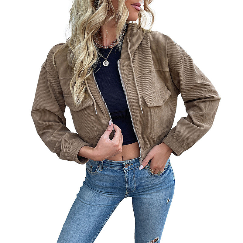 Damen Kurz geschnittene Cordjacke mit Kapuze, Reißverschluss und Pattentaschen Shop Nory