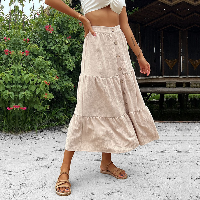Damen Stufen-Midirock mit durchgehender Knopfleiste und hohem Bund Shop Nory