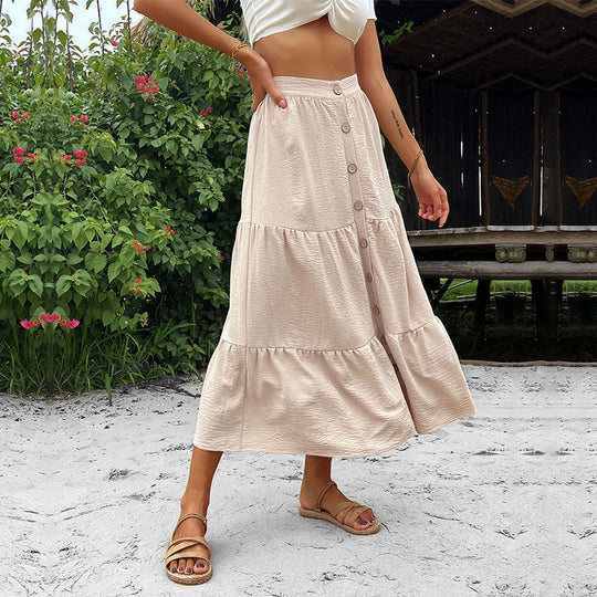 Damen Stufen-Midirock mit durchgehender Knopfleiste und hohem Bund Shop Nory