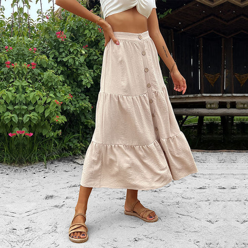 Damen Stufen-Midirock mit durchgehender Knopfleiste und hohem Bund Shop Nory