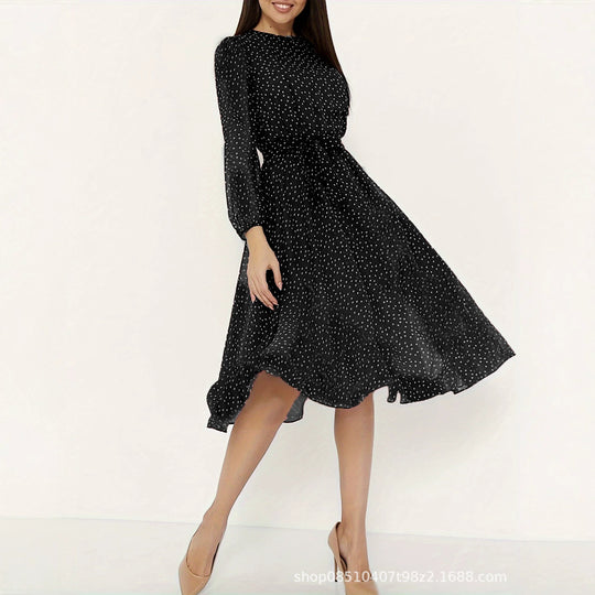 Damen Midikleid mit Punkten, taillierter Bindegürtel und Volantrock Shop Nory