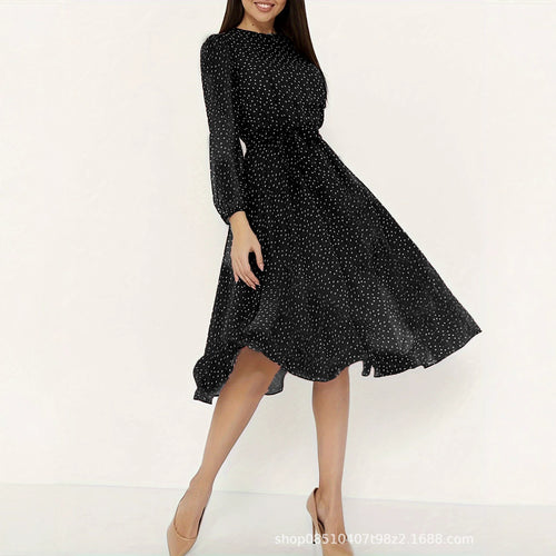 Damen Midikleid mit Punkten, taillierter Bindegürtel und Volantrock Shop Nory