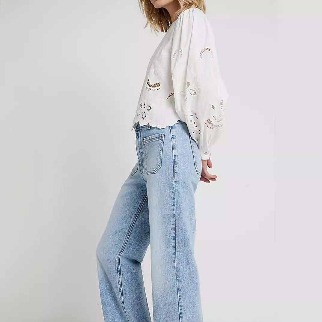 Damen Baumwollbluse mit Broderie Anglaise und Ballonärmeln Shop Nory