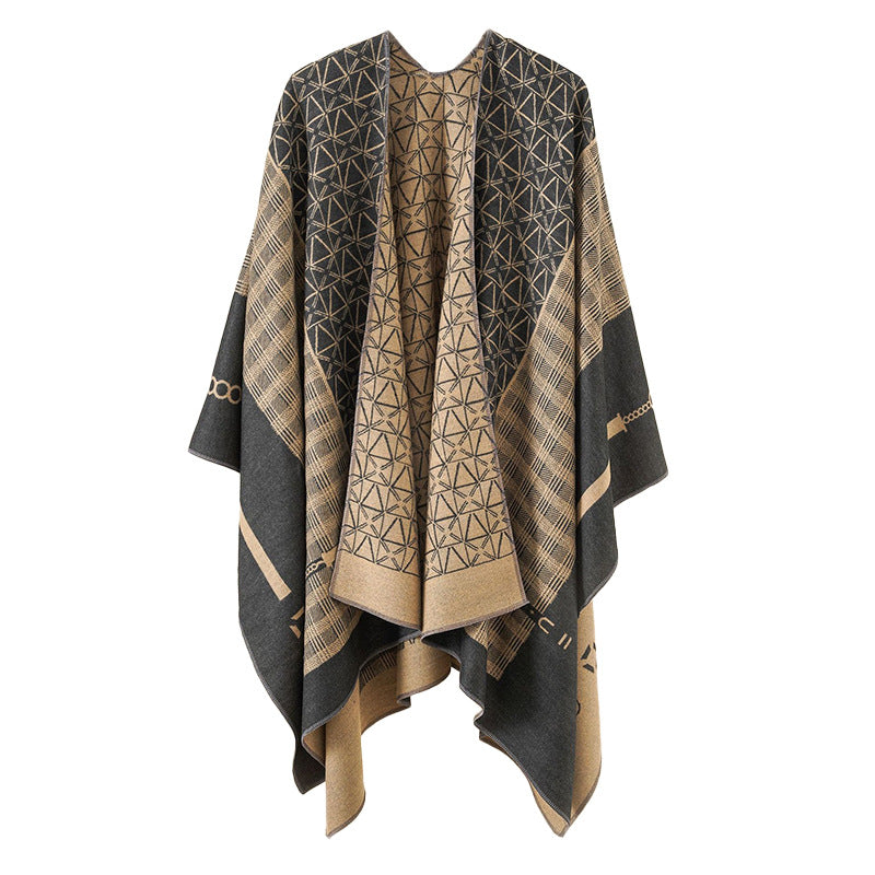 Damen Geometrisches Jacquard-Ruana-Cape aus Wollmix mit offener Kimono-Silhouette Shop Nory