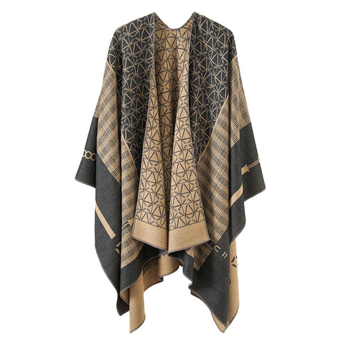 Damen Geometrisches Jacquard-Ruana-Cape aus Wollmix mit offener Kimono-Silhouette Shop Nory
