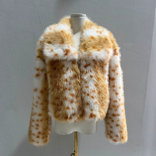 Damen Kurz-Bolero aus Kunstfell mit voluminösem Schalkragen und Punktemuster Shop Nory