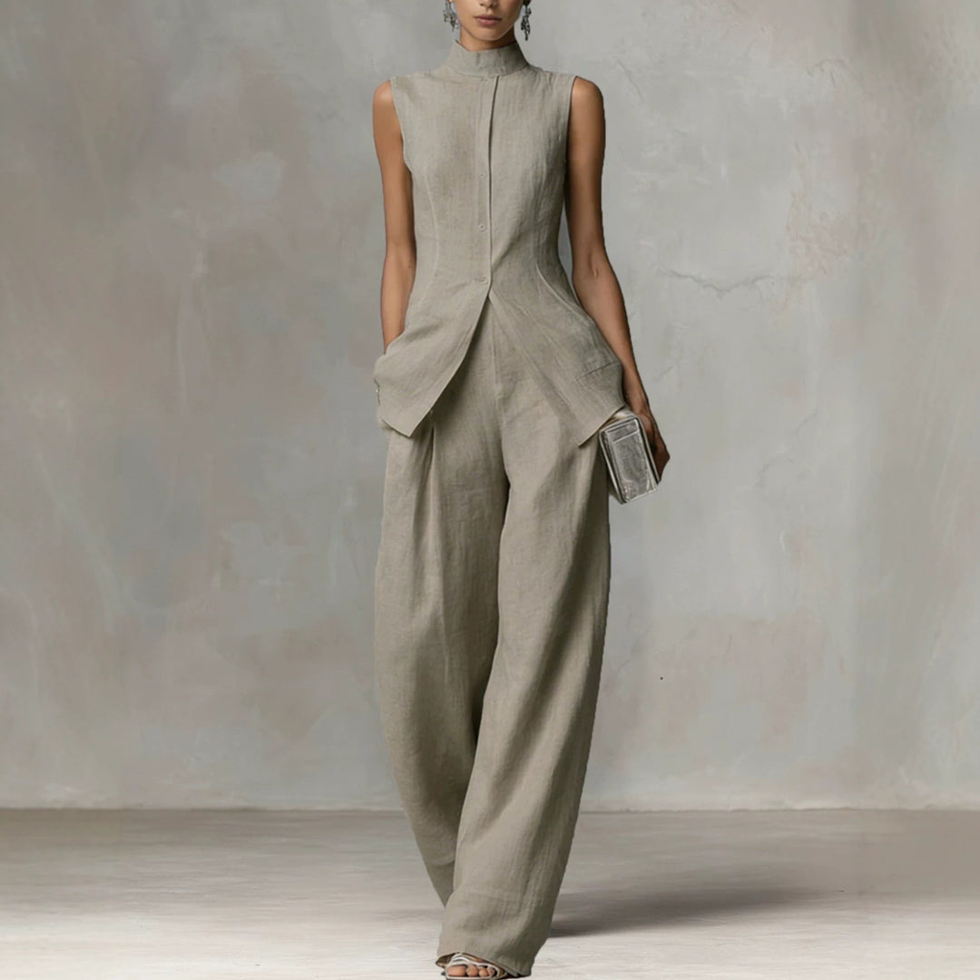 Damen Ärmelloser Leinen-Jumpsuit mit Stehkragen und weitem Bein Shop Nory