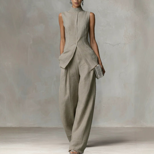 Damen Ärmelloser Leinen-Jumpsuit mit Stehkragen und weitem Bein Shop Nory