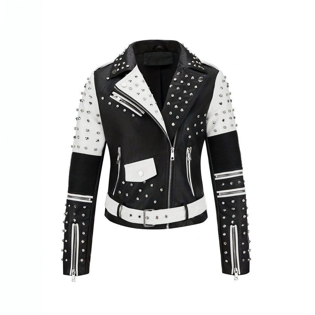 Damen Nietenbesetzte Bikerjacke aus Kunstleder mit Taillengürtel Shop Nory