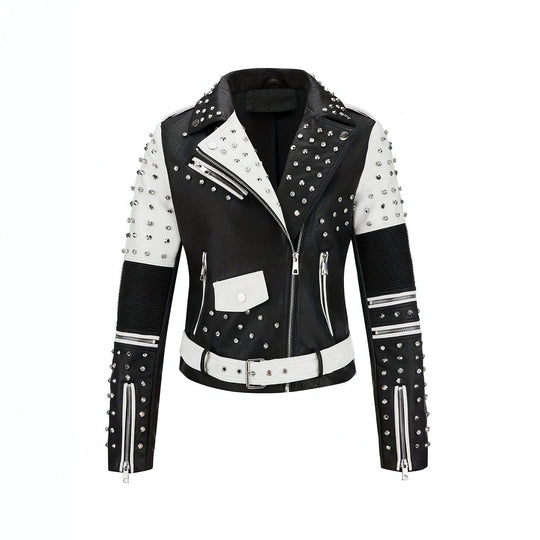 Damen Nietenbesetzte kontrastierende Bikerjacke mit Taillengürtel Shop Nory