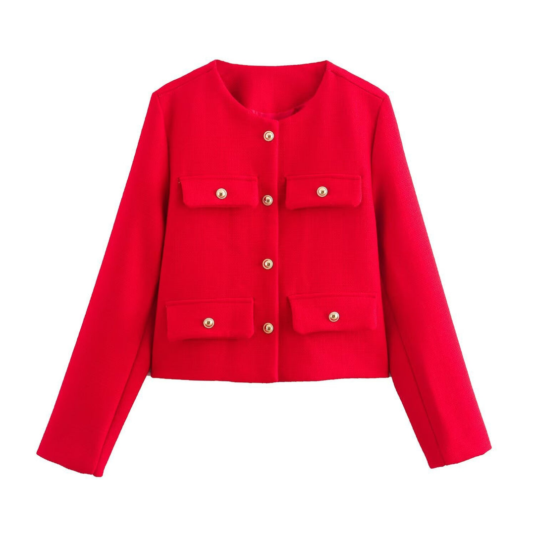 Damen Kurze Bouclé-Blazerjacke mit Rundhalsausschnitt, Zierleistentaschen und goldfarbenen Knöpfen Shop Nory