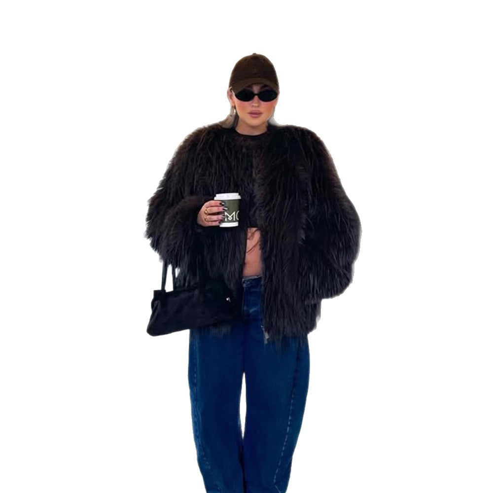 Damen Kurzblouson aus langflorigem Shaggy‑Kunstfell mit verdeckter Druckknopfleiste Shop Nory