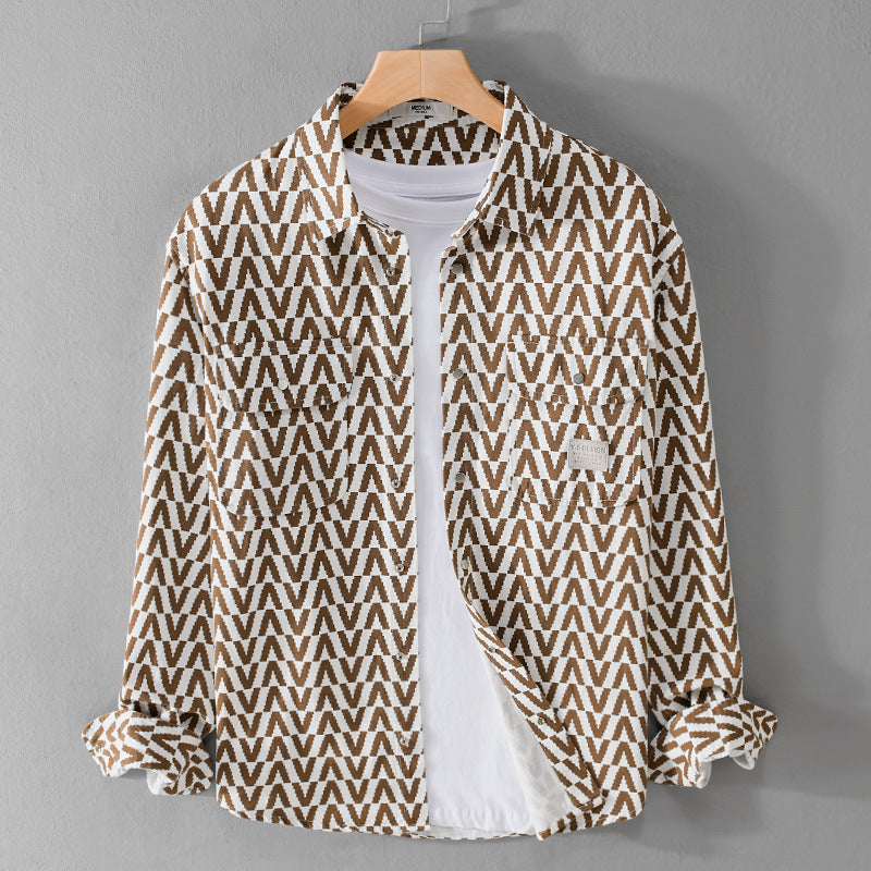 Herren Gemustertes Overshirt aus Baumwollmix mit geometrischem V‑Muster, aufgesetzten Brusttaschen und Relaxed‑Fit Shop Nory
