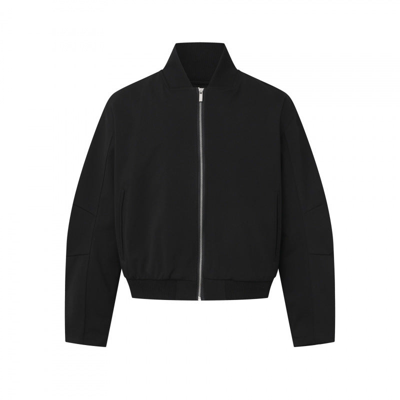 Unisex Kurz geschnittene minimalistische Bomberjacke mit geripptem Stehkragen und verdeckter Reißverschlussblende Shop Nory