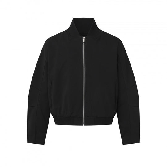 Unisex Kurz geschnittene minimalistische Bomberjacke mit geripptem Stehkragen und verdeckter Reißverschlussblende Shop Nory