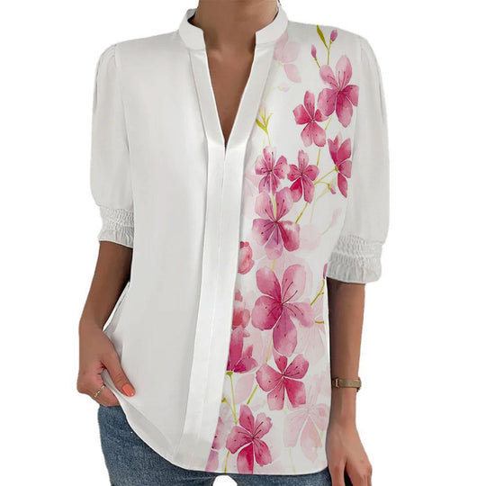 Damen Blumenprint Tunika-Bluse mit Stehkragen, geschlitzter V‑Blende und gerafften 3/4-Ärmeln Shop Nory