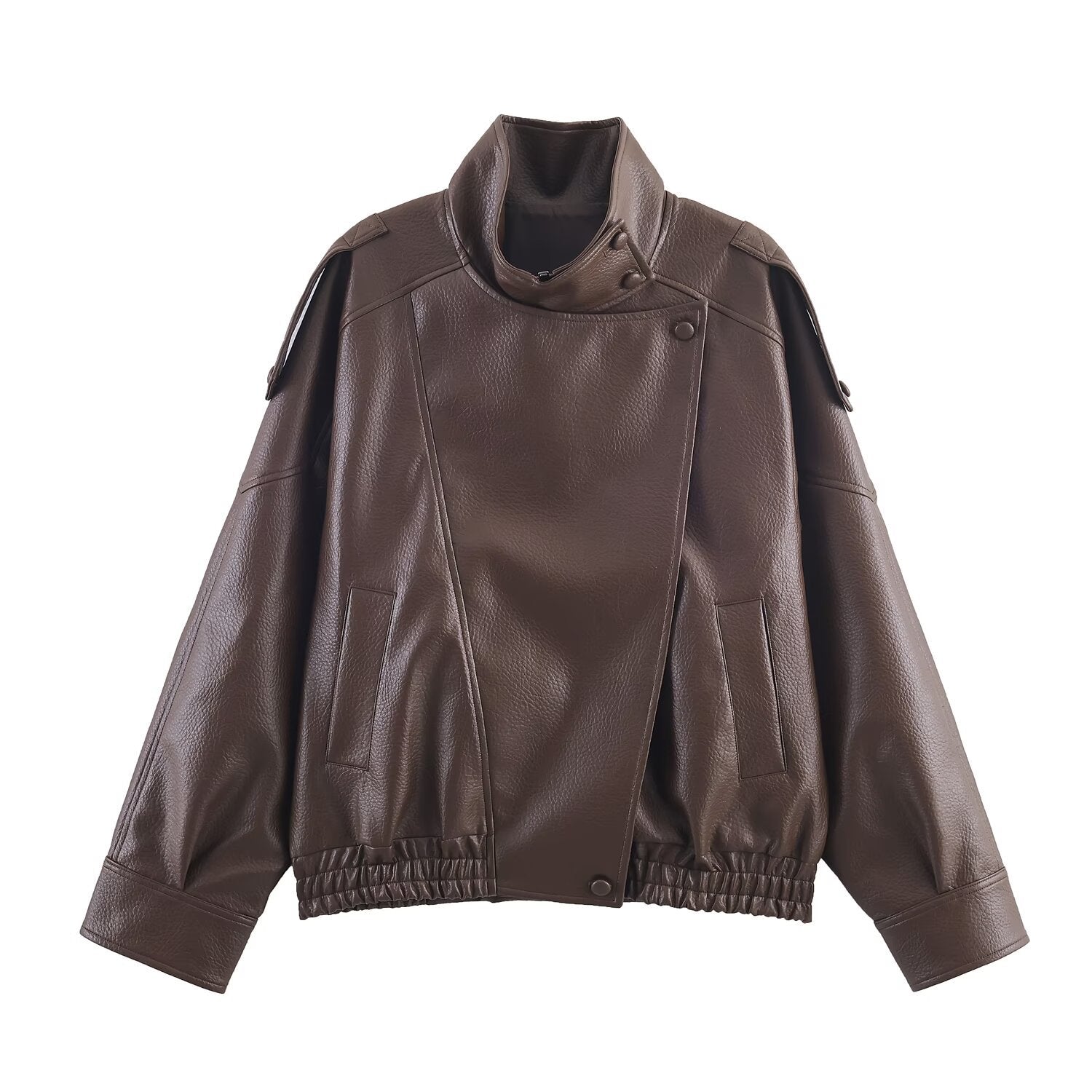 Damen Kunstlederjacke im modernen Design mit hochgeschlossenem Kragen und praktischen Taschen