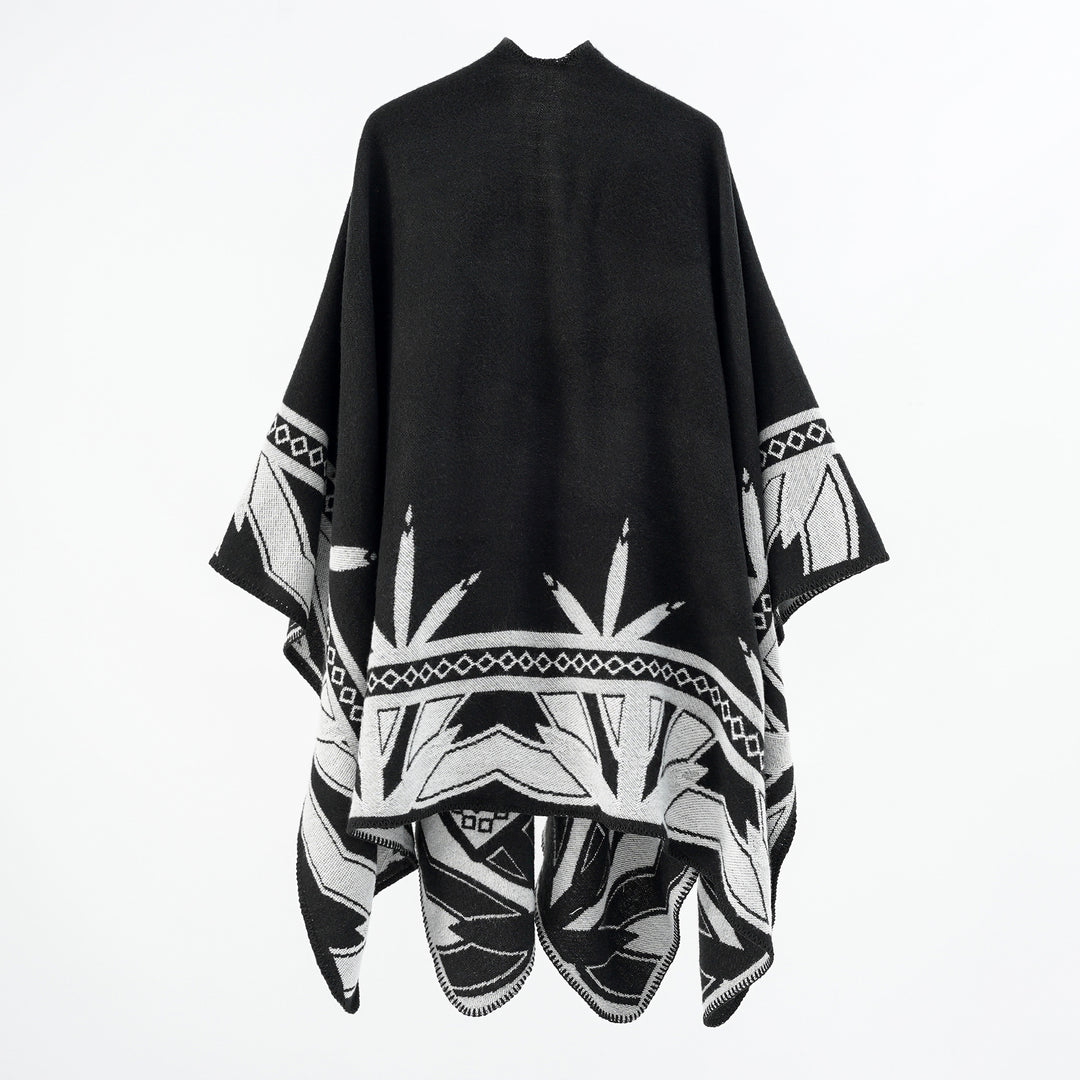 Damen Grobgewebter Umhangponcho aus Wollmix mit V-Ausschnitt und Ornamentjacquard Shop Nory