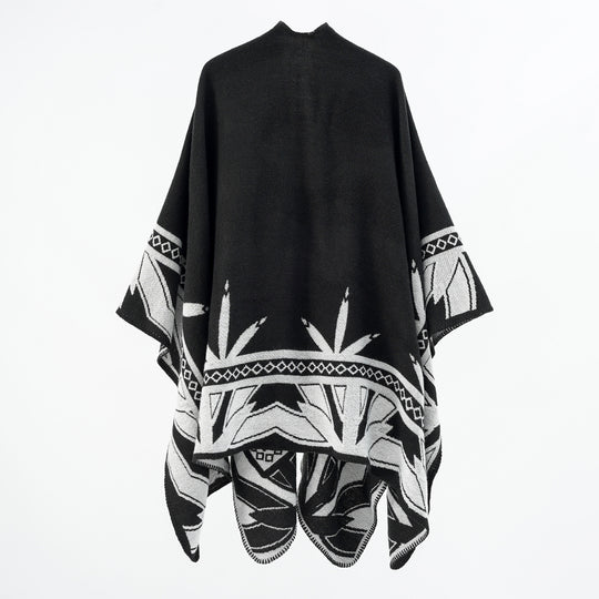 Damen Grobgewebter Umhangponcho aus Wollmix mit V-Ausschnitt und Ornamentjacquard Shop Nory