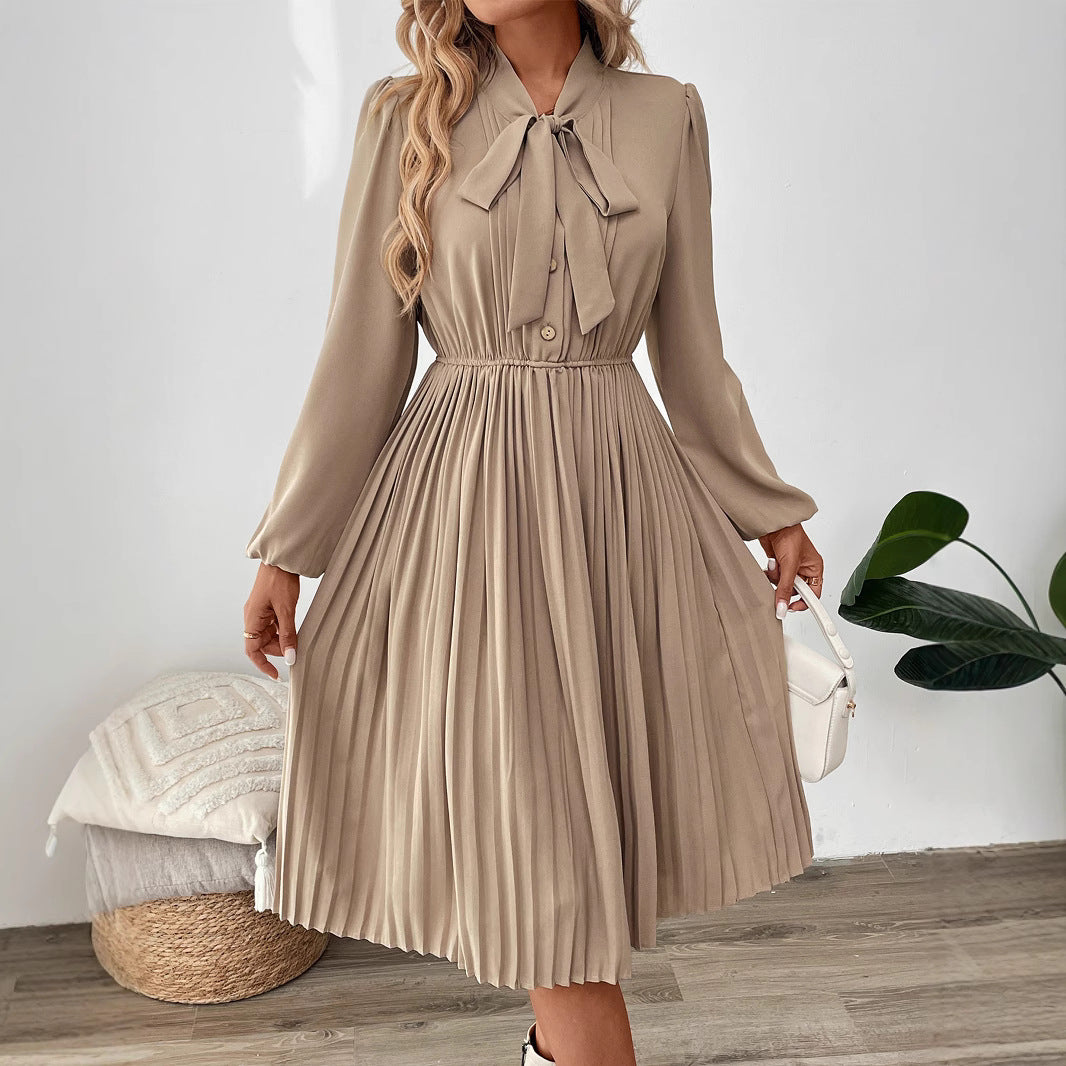 Damen Plissiertes Midikleid mit Schluppenkragen, elastischer Taillenpartie und langen Ballonärmeln Shop Nory