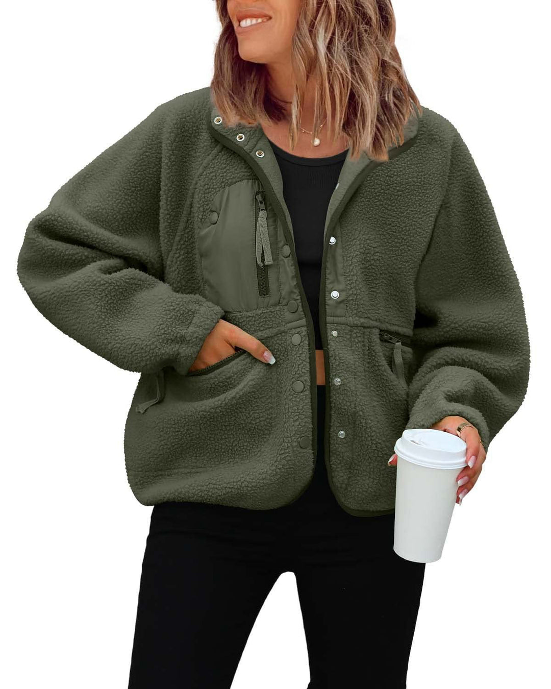 Damen kuschelige Fleecejacke mit praktischen Taschen