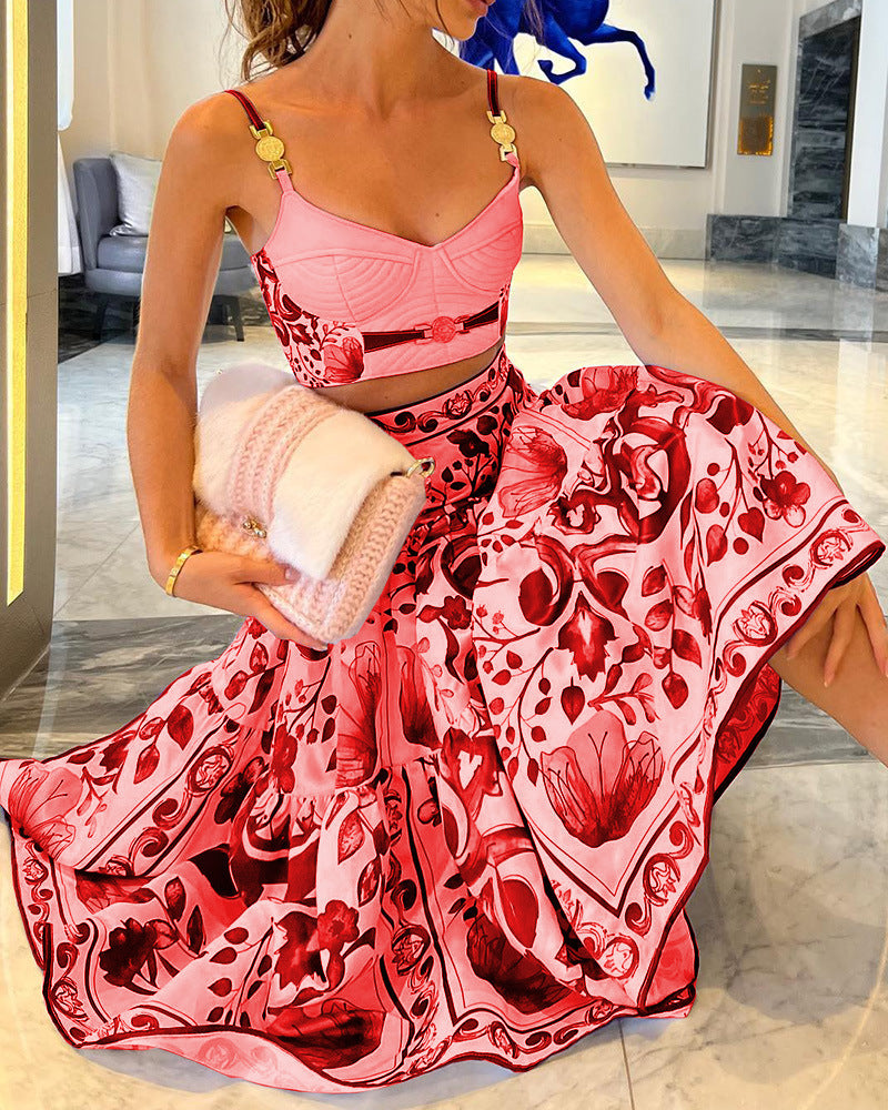 Damen Zweiteiliges Kleidungsset mit floralem Design und modischem Bustier