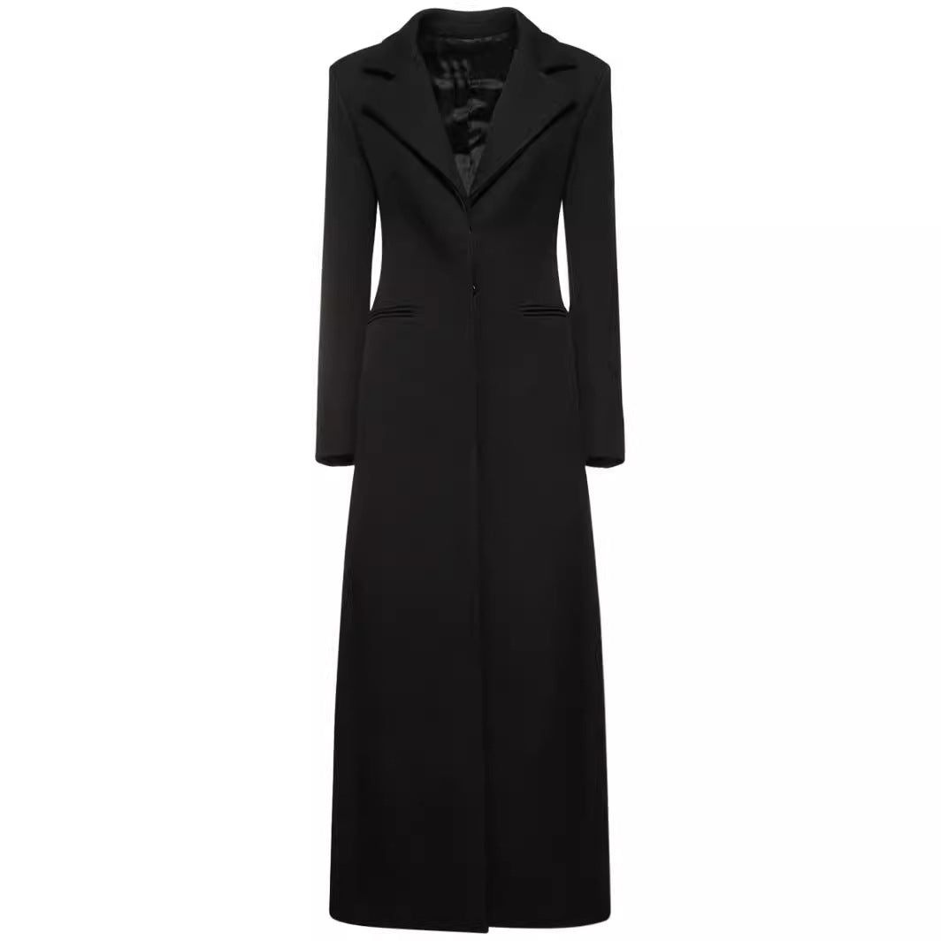 Damen Taillierter Longline-Mantel mit Reverskragen und Einreiher-Schnitt Shop Nory