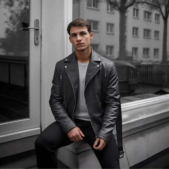 Herren Kunstleder Bikerjacke mit Steppnähten