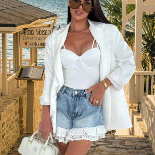 Damen Denim-Shorts mit verspieltem Rüschensaum und hohem Taillenbund