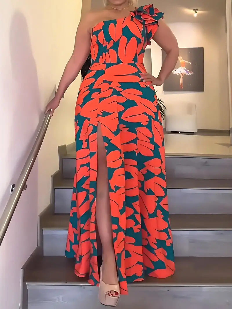 Damen Maxikleid mit asymmetrischen Rüschen und hohem Schlitz