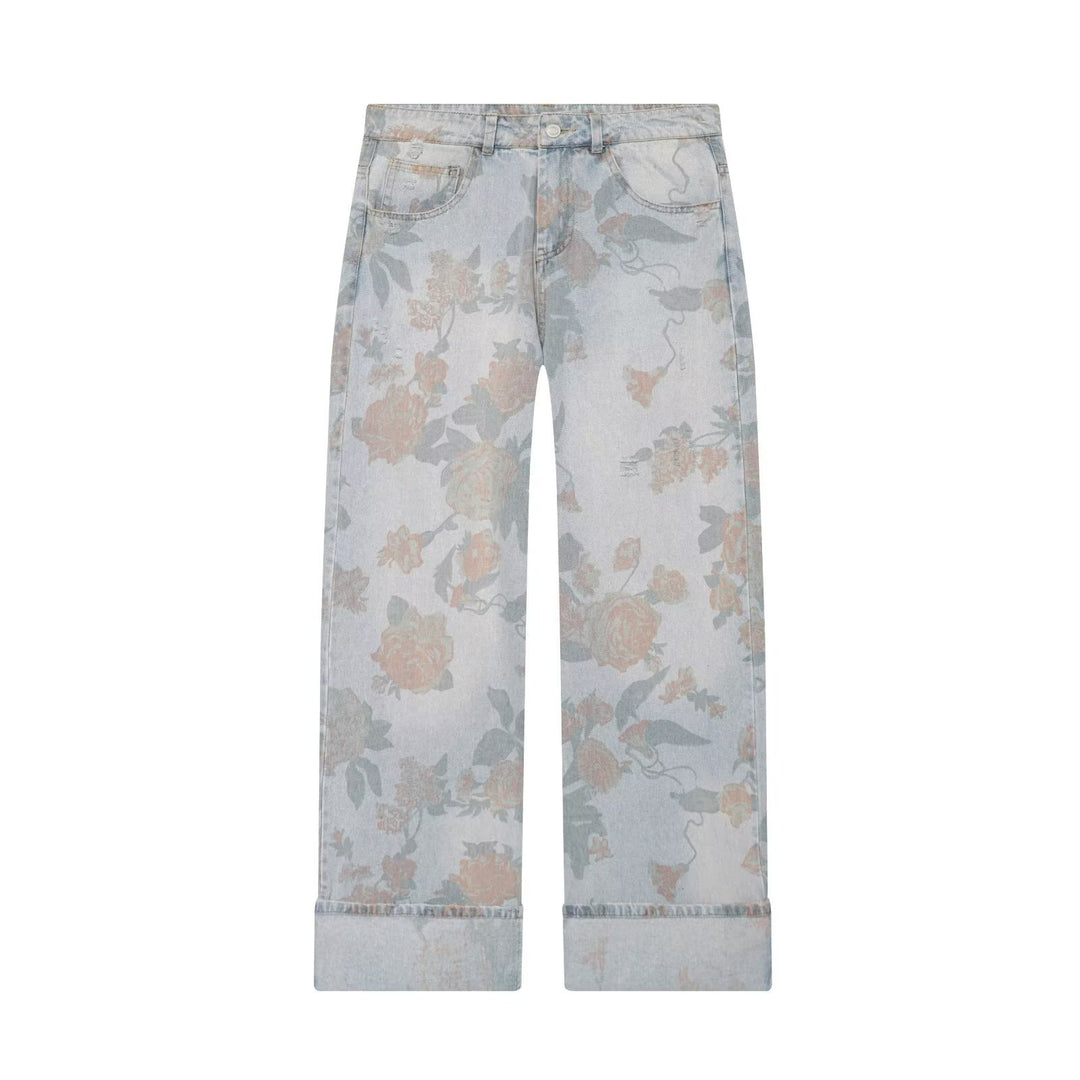 Damen Weite Blumenprint-Denimhose mit geradem Bein und Umschlag Shop Nory