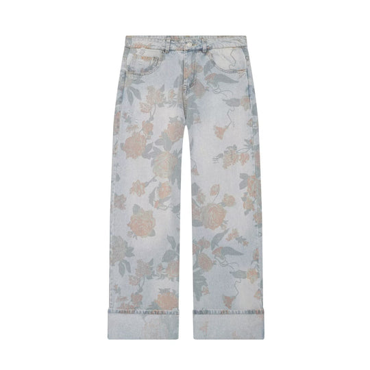 Damen Weite Blumenprint-Denimhose mit geradem Bein und Umschlag Shop Nory