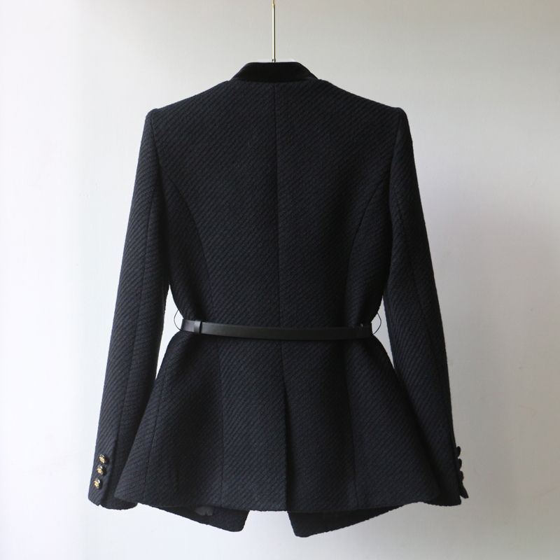 Damen Elegante Bouclé-Blazerjacke mit Samtbesatz und Taillengürtel Shop Nory