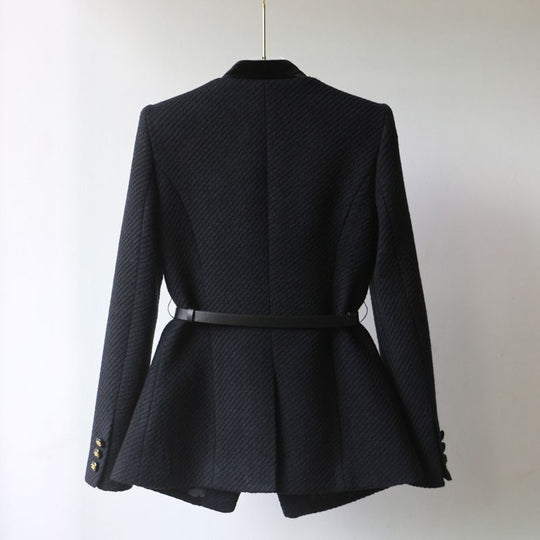 Damen Elegante Bouclé-Blazerjacke mit Samtbesatz und Taillengürtel Shop Nory