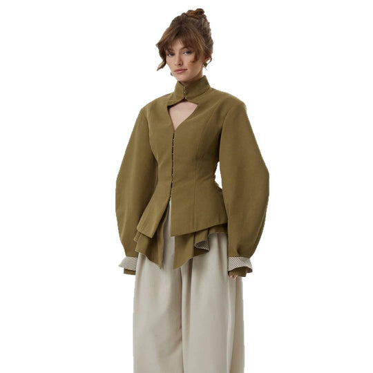 Damen taillierte Jacke mit Stehkragen, Cut-Out und Ballonärmeln Shop Nory