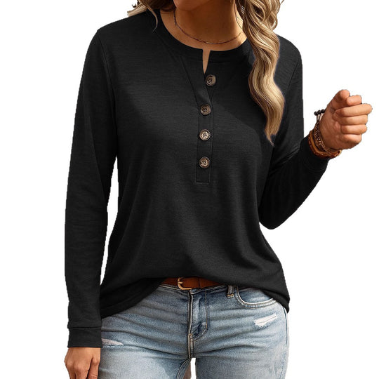 Damen Langarm-Henleyshirt mit Knopfleiste und Notch-Ausschnitt Shop Nory