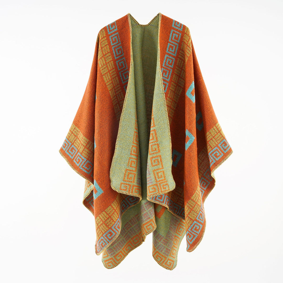 Damen Kastiger Wollmix-Ruana mit kontrastiertem Innenfutter und grafischem Jacquard Shop Nory