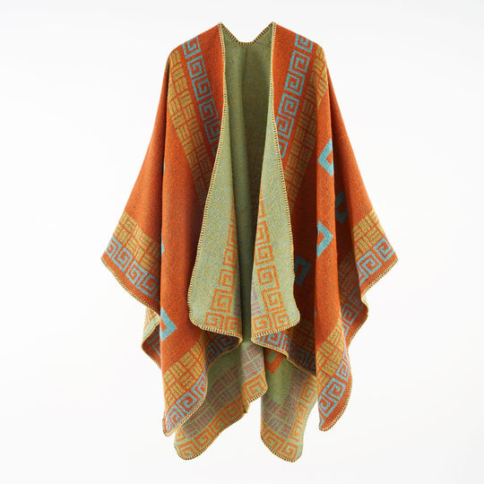 Damen Kastiger Wollmix-Ruana mit kontrastiertem Innenfutter und grafischem Jacquard Shop Nory