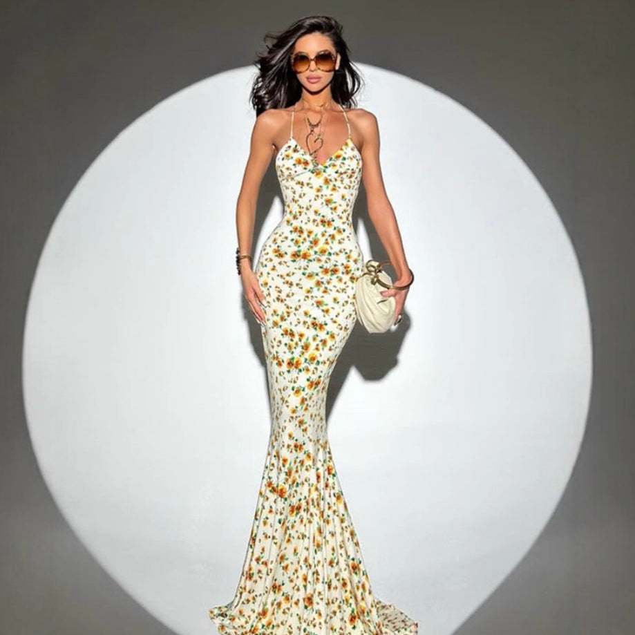 Damen figurbetontes Blumen-Maxikleid mit Spaghettiträgern und elegantem Schnitt Shopnory