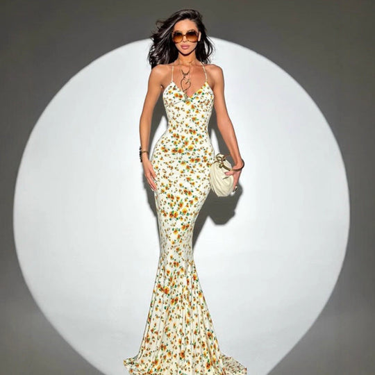 Damen figurbetontes Blumen-Maxikleid mit Spaghettiträgern und elegantem Schnitt Shopnory
