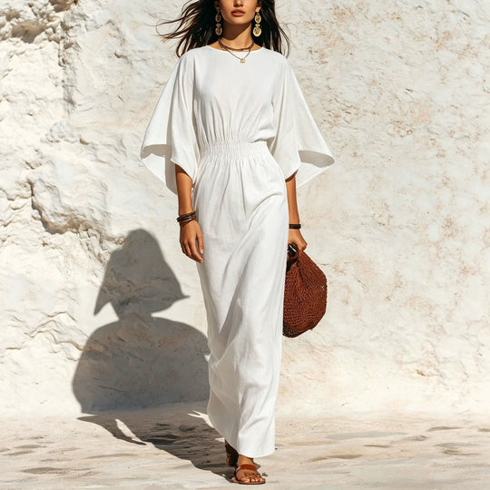 Damen Maxikleid mit Fledermausärmeln und geraffter Smock-Taillierung Shop Nory