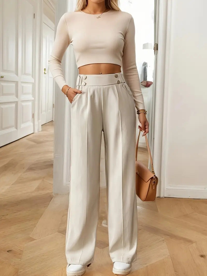 Damen Hochtaillierte weite Marlene-Hose mit Zierknopf-Bund und Bügelfalte Shop Nory