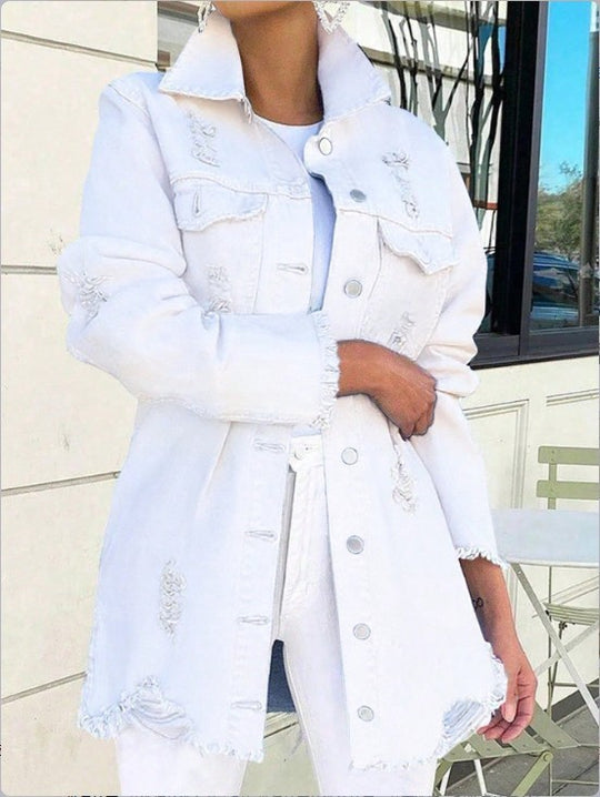 Damen Longline-Denimjacke mit Destroyed-Details und Fransenabschluss Shop Nory