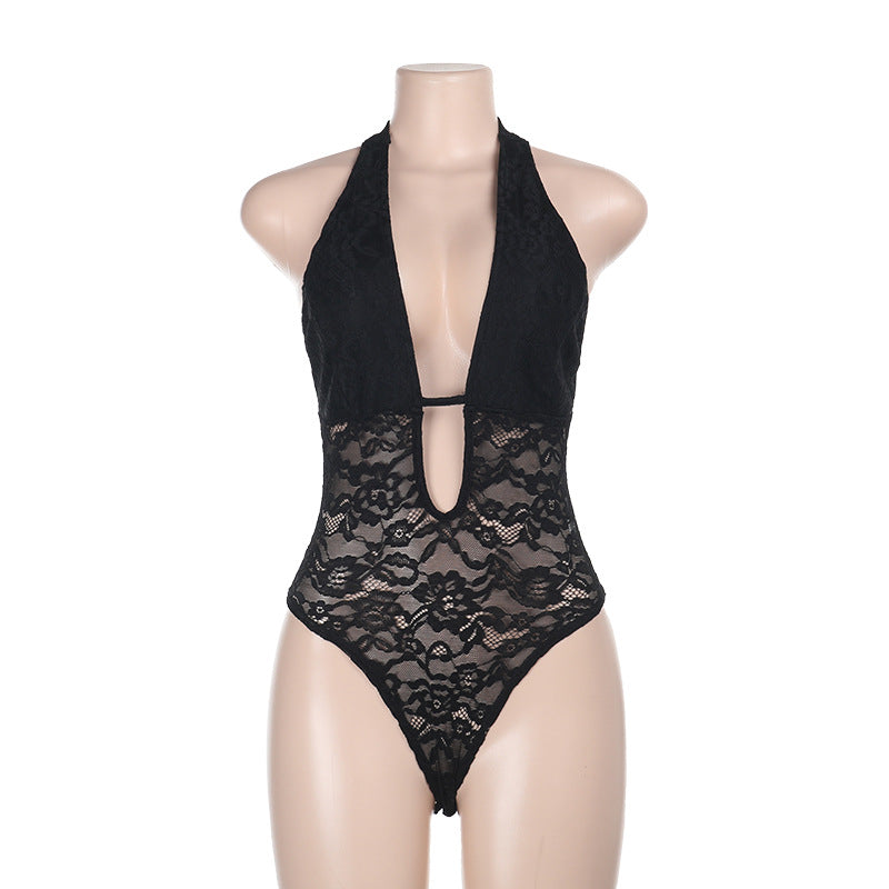 Damen verführerischer Neckholder-Badeanzug mit transparenten Spitzeinsätzen