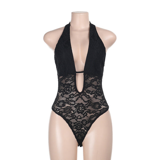 Damen verführerischer Neckholder-Badeanzug mit transparenten Spitzeinsätzen