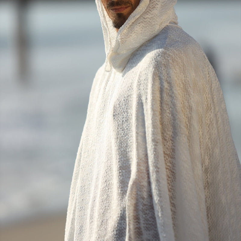 Herren Strand-Tunika aus luftigem Grobstrick mit Kapuze und Fransen Shop Nory